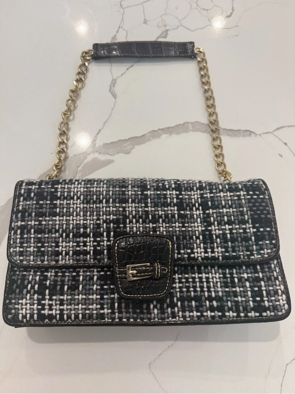 Liz Claiborne Black and White Tweed Shoulder Bag with Gold Chain